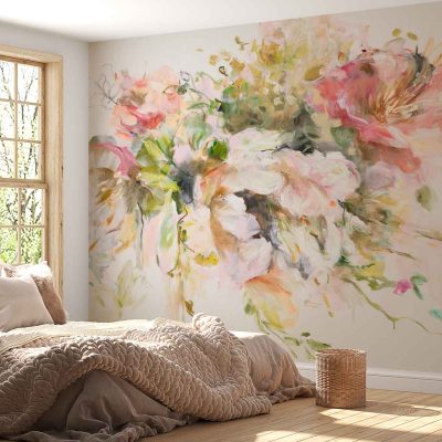 Colorful Davis floral mural featuring vibrant pinks and greens. Lush, intricate floral patterns with delicate flowers and leafy motifs. Predominantly pink blooms set against verdant green foliage, creating a vivid, lively backdrop. Perfect for adding a touch of nature-inspired artistry to the space.
