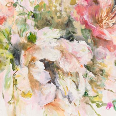 The A Davis-inspired painting features a wallpaper adorned with delicate floral motifs, displaying muted pastel hues of lavender, soft pinks, and gentle blues. Intricate vines weave throughout in a subtle sage green, interspersed with hints of creamy whites and light yellows that add warmth. The elegant pattern exudes a vintage charm reminiscent of classic botanical illustrations.
