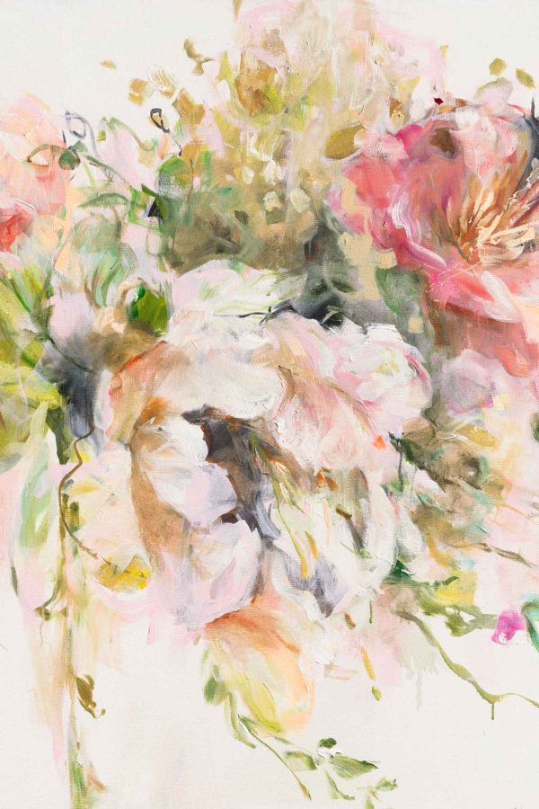 The A Davis-inspired painting features a wallpaper adorned with delicate floral motifs, displaying muted pastel hues of lavender, soft pinks, and gentle blues. Intricate vines weave throughout in a subtle sage green, interspersed with hints of creamy whites and light yellows that add warmth. The elegant pattern exudes a vintage charm reminiscent of classic botanical illustrations.
