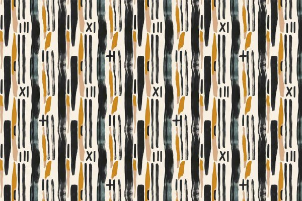 The wallpaper features an abstract pattern with vertical stripes in shades of black, white, brown, and gray. The stripes vary in width and texture, creating a dynamic and rhythmic design. Small Roman numeral XI elements are sporadically interspersed throughout the pattern. The overall design aims to evoke an artistic control subject aesthetic through its varied hues and textures.