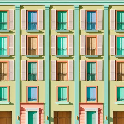 Facade wallpaper on Davis Street: pastel shades of green, blue, pink, orange; tall window shutters; small balcony railings; symmetrical design.