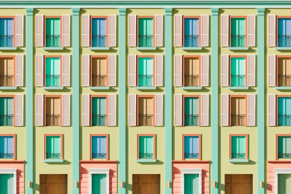 Facade wallpaper on Davis Street: pastel shades of green, blue, pink, orange; tall window shutters; small balcony railings; symmetrical design.