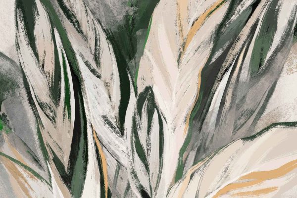 Abstract wallpaper featuring bold, overlapping leaf shapes in cream, green, and gold. Vibrant brushstrokes create a textured, dynamic pattern with a sense of movement.