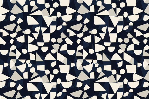 The wallpaper features an abstract pattern of white geometric shapes, including circles, triangles, and semicircles, set against a dark blue background. The contrasting elements create a visually dynamic design reminiscent of Davis-inspired artwork. The sharp white shapes stand out against the deep blue backdrop, emphasizing the interplay between geometry and color.