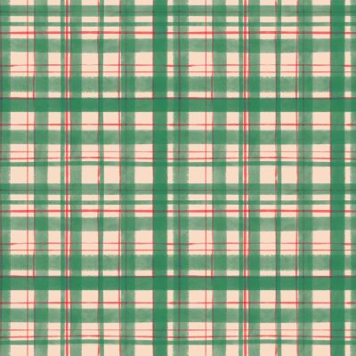 Seamless plaid wallpaper, tartan design, intersecting lines, green, red, off-white, vintage style, evenly spaced lines, overlapping pattern, textured appearance.