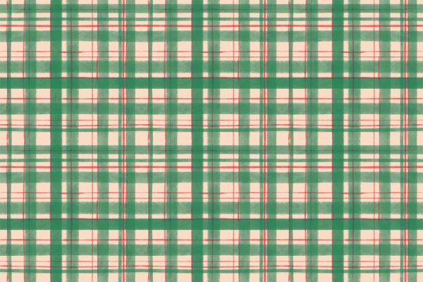 Seamless plaid wallpaper, tartan design, intersecting lines, green, red, off-white, vintage style, evenly spaced lines, overlapping pattern, textured appearance.