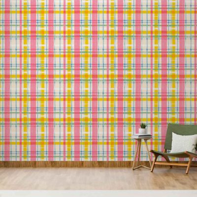 Colorful plaid-patterned wallpaper featuring various colors in intersecting lines and squares.