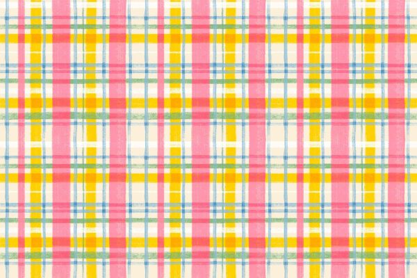 Colorful plaid wallpaper featuring intersecting lines; vibrant pattern with pink, yellow, blue, white. Grid-like design with repetitive sequence; inviting and energetic appearance. Ideal for search: colorful plaid, intersecting lines, vibrant grid pattern.