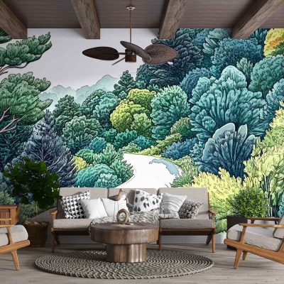 The mural showcases a vibrant, stylized forest landscape with rich greens, deep emeralds, and lush moss tones. It features elements of towering trees with intricate bark textures and delicate leaves in shades of lime and olive. Vivid splashes of golden sunlight filter through the canopy, interwoven with hints of azure to suggest clear skies peeking through. Splashes of russet and amber add depth, representing the autumnal undergrowth. The scene conveys movement through artistically swirling patterns that evoke a sense of tranquil vitality.