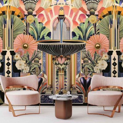 The Art Deco-inspired wallpaper features a vibrant floral and geometric mural with elements of large flowers, intricate leaves, and ornate patterns. Dominant colors include bold pinks, lush greens, striking golds, deep blues, and bright oranges. Geometric shapes interweave with floral motifs to create a dynamic and colorful atmosphere. This eye-catching design is perfect for setting a bold backdrop highlighting Art Deco elegance with modern vibrancy.