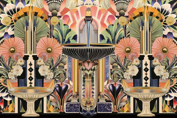 The Art Deco wallpaper features an intricate design with symmetrical patterns that blend floral motifs and bold geometric shapes. Central to this elegant composition are three ornate fountains, each embellished with lavish detail. The color palette is warm and vintage, combining rich pinks, opulent golds, and lush greens. These hues create a sophisticated backdrop that echoes the grandeur of the Art Deco era.