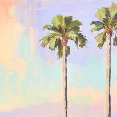 Pastel sky wallpaper features two tall palm trees with lush green fronds. Soft shades of blue, pink, and orange blend to evoke a serene, sunset-like ambiance. Art Deco elegance captured in the dreamy design enhances tranquility and captivates the viewer's soul.