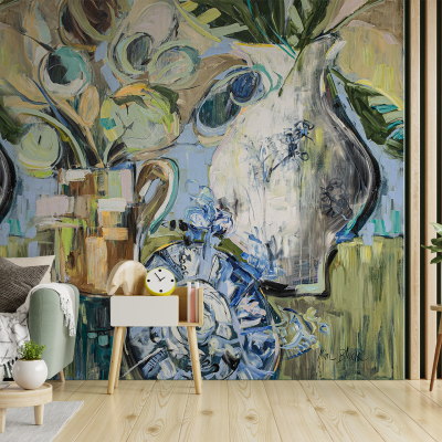 A modern living room features a large colorful mural with abstract elements. It showcases vases and flowers in bold, vibrant hues, creating an artistic focal point. The design includes a mix of bright colors such as reds, blues, yellows, and greens against a dynamic backdrop that highlights creativity and adds energy to the space.