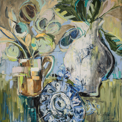 The wallpaper is a symphony of expressive brushstrokes in greens, browns, and blues. It features abstract leaf motifs that echo the tall green leaves in the vase. Earthy tones meld seamlessly with sky blues, creating a fluid background that harmonizes with the circular patterns of the mug. Hints of texture are evident through layered strokes, adding depth and motion to this dynamic backdrop. The colors and patterns within this lively wallpaper create an atmospheric cohesion that enhances the still life’s vibrancy on canvas.