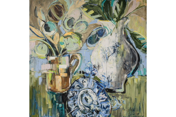 The wallpaper is a symphony of expressive brushstrokes in greens, browns, and blues. It features abstract leaf motifs that echo the tall green leaves in the vase. Earthy tones meld seamlessly with sky blues, creating a fluid background that harmonizes with the circular patterns of the mug. Hints of texture are evident through layered strokes, adding depth and motion to this dynamic backdrop. The colors and patterns within this lively wallpaper create an atmospheric cohesion that enhances the still life’s vibrancy on canvas.