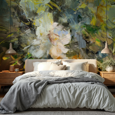 Vibrant abstract floral mural featuring greens, yellows, and whites.