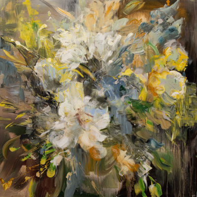Abstract floral wallpaper showcases vibrant, swirling brushstrokes. Dominant colors include white, yellow, green, and blue. The dynamic design captures an impressionistic style with a captivating floral composition.