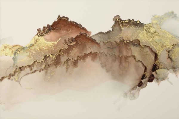 Abstract marbled wallpaper featuring flowing textures in a harmonious blend of brown, beige, and gold hues. The design resembles a serene landscape or ethereal clouds, capturing a timeless moment. Intricate details are accentuated by metallic gold highlights throughout the composition. Key elements: marbled effect, brown tones, beige shades, gold accents, metallic highlights.