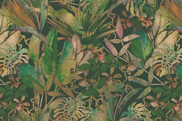 Intricate tropical foliage pattern, featuring various green leaves and plants on a dark background. Detailed textures and shades create a lush, vibrant design. Elements include banana leaves, ferns, monstera, palm fronds. Colors are deep greens, emeralds, hints of lime and olive against nearly black background for captivating contrast.