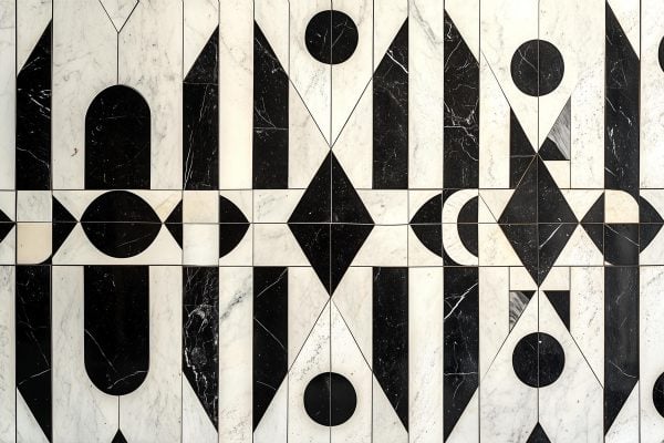 The wallpaper design features a geometric pattern composed of black and white marble tiles. It includes various symmetrical shapes such as circles, diamonds, and rectangles. The contrasting colors create an abstract look with a balanced interplay between the dark and light elements. Key features include:  
- Black marble tiles for depth  
- White marble tiles for contrast  
- Circular shapes for fluidity  
- Diamond patterns for sharpness  
- Rectangular forms adding structure  .