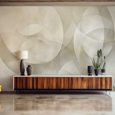3D abstract textured wall featuring geometric patterns, subtle metallic accents, shades of grey and silver with hints of deep blue.