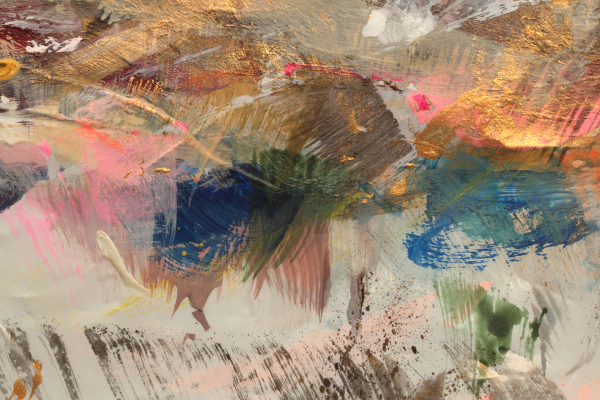 Abstract wallpaper featuring swirling and splashing vibrant colors: gold, blue, pink, and green. Dynamic brushstrokes and textures blend seamlessly across the design.