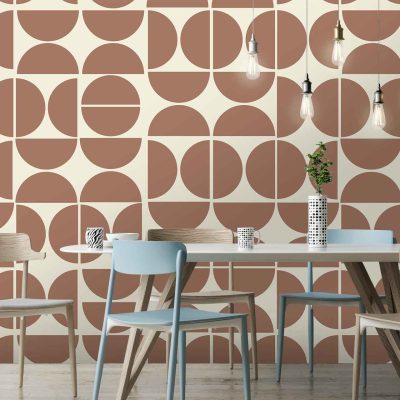 Geometric wall design in cream and brown.