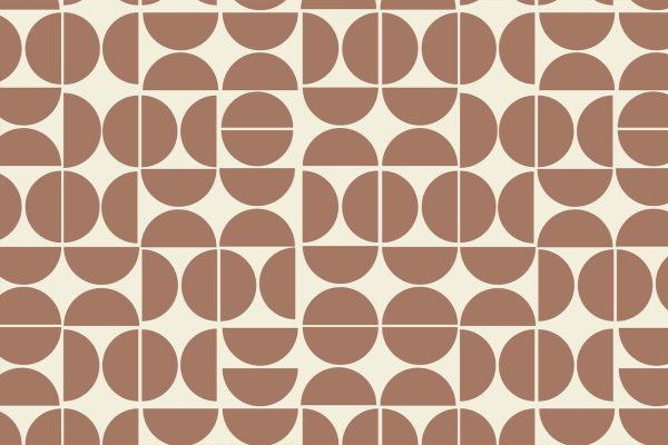 A seamless geometric wallpaper featuring brown circles, semicircles, and quarter circles on a light beige background. The design is in a symmetrical grid pattern with retro and repetitive elements. Colors include brown and light beige.