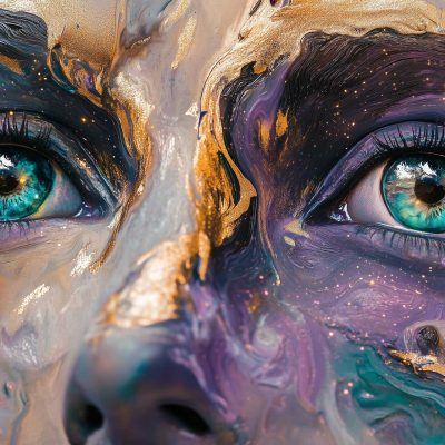 Wallpaper features a close-up of striking blue eyes, surrounded by abstract swirling paint in purples, golds, and neutrals. Ethereal look includes metallic accents and Art Deco elements. Cosmic or celestial theme highlighted with swirls of rich colors.