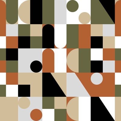 This geometric abstract wallpaper features a harmonious mix of circles, squares, and arcs in a symmetrical arrangement. The design is inspired by Davis principles, creating a visually appealing pattern. The color palette includes black, white, olive green, beige, and rust orange. These elements work together to create an engaging and balanced design for modern interiors.