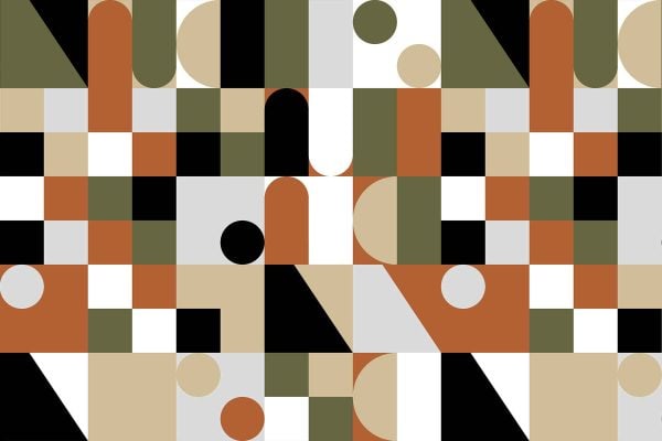 This geometric abstract wallpaper features a harmonious mix of circles, squares, and arcs in a symmetrical arrangement. The design is inspired by Davis principles, creating a visually appealing pattern. The color palette includes black, white, olive green, beige, and rust orange. These elements work together to create an engaging and balanced design for modern interiors.