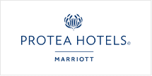 The wallpaper of the Protea Hotels by Marriott logo features a sophisticated blue stylized protea flower above bold blue text, "Protea Hotels" and "Marriott," exuding elegance and style.