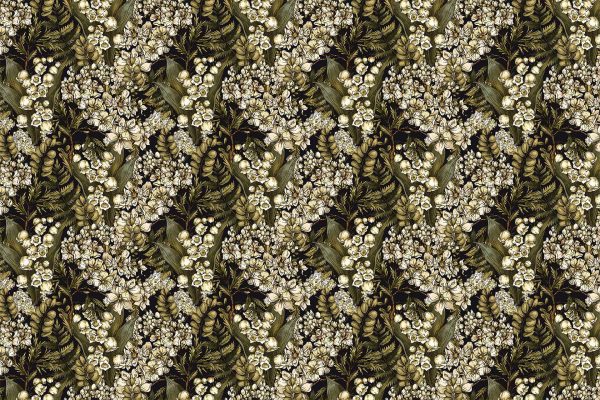 Intricate floral wallpaper showcasing clusters of small white flowers paired with dark green leaves, intertwined with branches. The design is densely packed, embodying Harley's adventurous spirit. Key elements: white flowers, dark green leaves, intertwined branches. Colors: white, dark green.