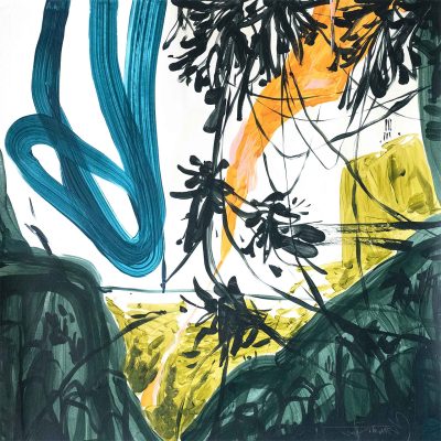 An abstract painting wallpaper featuring bold brushstrokes and vibrant colors. Dominated by a swirling blue shape, it is complemented by earthy green and yellow forms below. A striking orange streak cuts through the composition, suggesting a dynamic landscape with contrasting elements. The color palette includes prominent blue, green, yellow, and orange hues.
