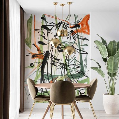 Large abstract mural featuring green, black, and orange brushstrokes.