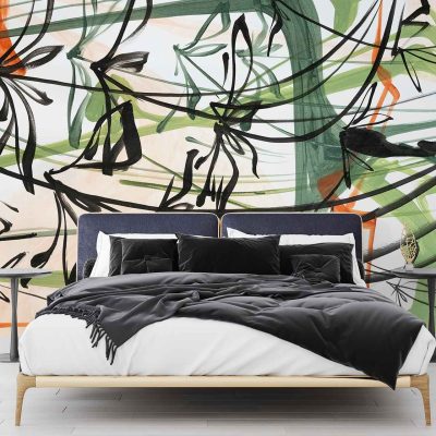 A modern bedroom features a large abstract mural on the wall with bold brushstrokes in black and green. The design showcases dynamic, sweeping strokes that create an eye-catching contrast against the neutral backdrop. The use of these two prominent colors adds depth and movement, giving the room a contemporary artistic flair.