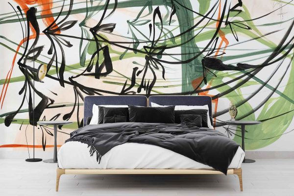 A modern bedroom features a large abstract mural on the wall with bold brushstrokes in black and green. The design showcases dynamic, sweeping strokes that create an eye-catching contrast against the neutral backdrop. The use of these two prominent colors adds depth and movement, giving the room a contemporary artistic flair.