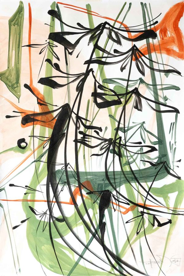 Abstract painting wallpaper featuring swirling black lines and splashes of green and orange on a white background. The composition includes dynamic shapes and intersecting lines, highlighting movement and energy. Predominant elements: black swirls, green splashes, orange accents. Key colors: black, green, orange, white.