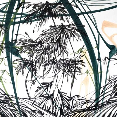 Abstract wallpaper featuring overlapping lines and shapes resembling leaves and foliage in green, black, and beige tones. Dynamic flow with varied line thickness creates depth and movement. Key elements: overlapping leaves, foliage patterns, dynamic lines. Colors: green, black, beige.