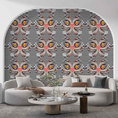 The wallpaper is a vibrant geometric mural featuring black, white, red, and gold colors. It showcases striped and intricate patterns that create a bold visual statement.