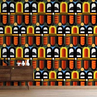 The wallpaper features bold, geometric patterns with shapes in vibrant colors: orange, black, white, and yellow. The design includes a mix of angular forms and striking contrasts that stand out against the backdrop.