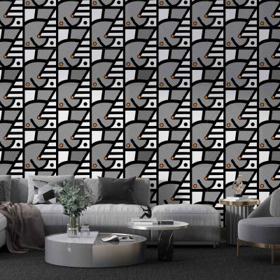 Modern geometric black-and-white patterned wallpaper featuring bold circular and linear shapes. Includes stark contrasts, crisp lines, interlocking circles, and sleek symmetry for a contemporary aesthetic.