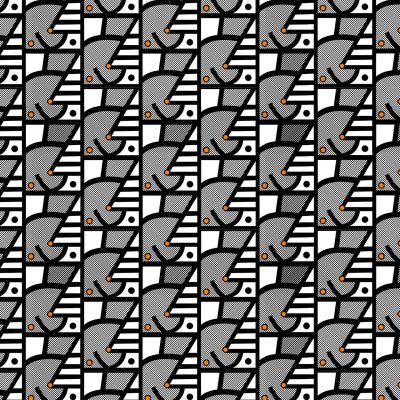 Geometric pattern wallpaper with black, white, and gray segments. Features abstract, repeating shapes composed of lines, circles, and triangles. Includes small orange accents creating a rhythmic, hypnotic effect.