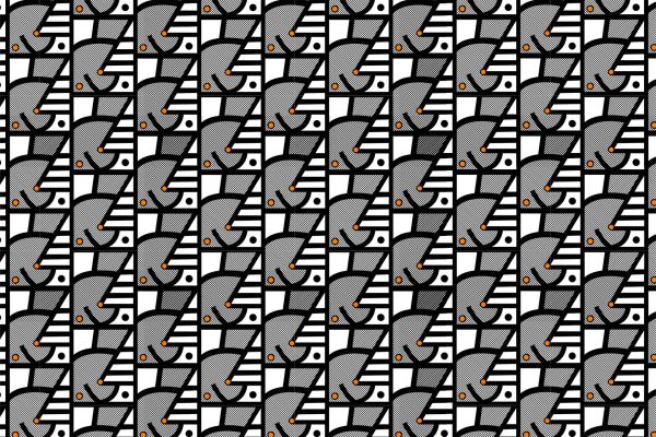 Geometric pattern wallpaper with black, white, and gray segments. Features abstract, repeating shapes composed of lines, circles, and triangles. Includes small orange accents creating a rhythmic, hypnotic effect.