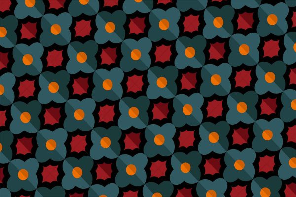 Dark blue quatrefoil shapes, orange centers, red diamond shapes, black background, grid formation, bold and symmetrical design.