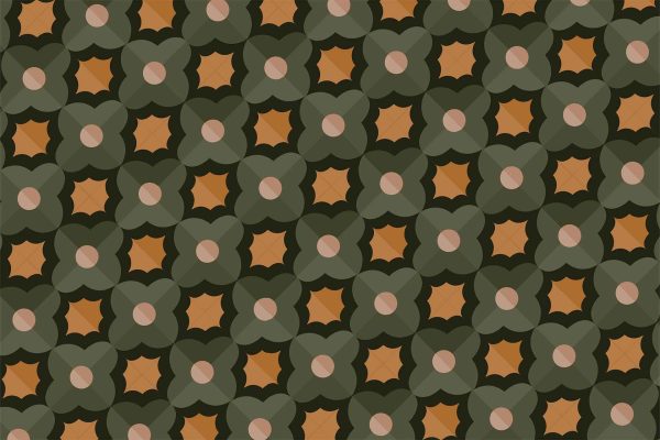 The wallpaper features a seamless geometric pattern with stylized flowers having green petals and circular centers. Star-like shapes in warm orange tones are interspersed. The background is dark olive green, creating harmony and repetition. Keywords: stylized flowers, green petals, orange star shapes, dark olive background, geometric pattern.