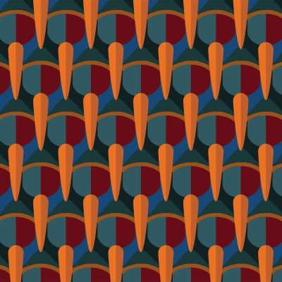 Abstract geometric pattern wallpaper featuring rows of overlapping shapes in vibrant shades of orange, red, teal, and dark green. The design highlights elements such as triangles, circles, and hexagons in varying transparency to create depth and rhythm across the image. The use of warm and cool colors intermingles to enhance contrast and visual interest. Keywords: geometric pattern, overlapping shapes, orange, red, teal, dark green.