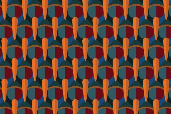 Abstract geometric pattern wallpaper featuring rows of overlapping shapes in vibrant shades of orange, red, teal, and dark green. The design highlights elements such as triangles, circles, and hexagons in varying transparency to create depth and rhythm across the image. The use of warm and cool colors intermingles to enhance contrast and visual interest. Keywords: geometric pattern, overlapping shapes, orange, red, teal, dark green.
