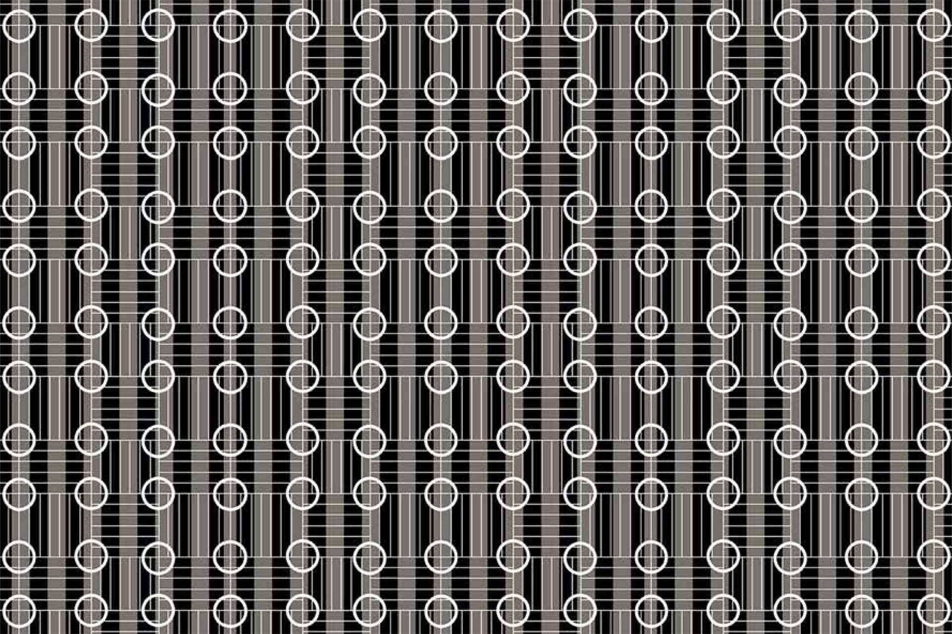 Wallpaper featuring a geometric grid pattern with vertical and horizontal lines. Circles at intersections create an optical illusion effect. Colors: shades of gray and off-white. Elements: grid, lines, circles, optical illusion, gray, off-white.