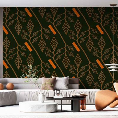 The wallpaper in the modern living room features a dark green accent wall with a bold leaf pattern. The leaves are intricately detailed, combining shades of lighter greens and hints of gold to create depth and contrast. The pattern is both elegant and lively, providing a natural yet sophisticated backdrop for the space.
